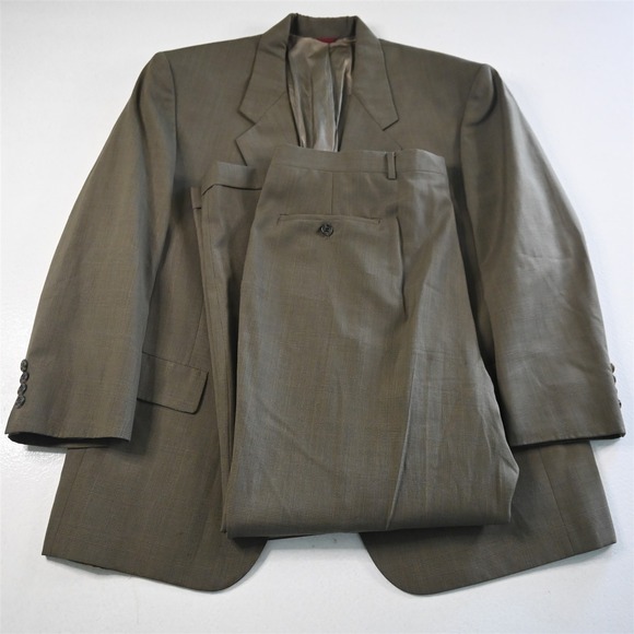 Vtg USA Made Hart Schaffner Marx 44S 38x29 Tan Green Glenn Check Wool Mens Suit